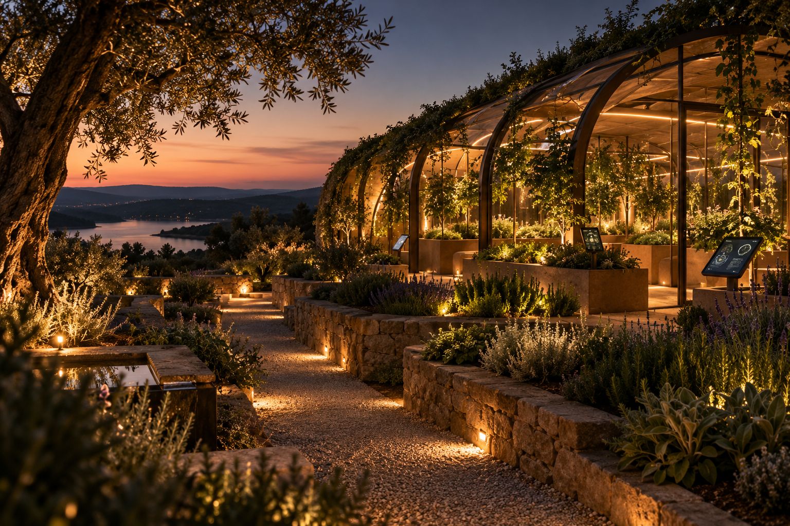 La serre et le jardin aromatique au crépuscule