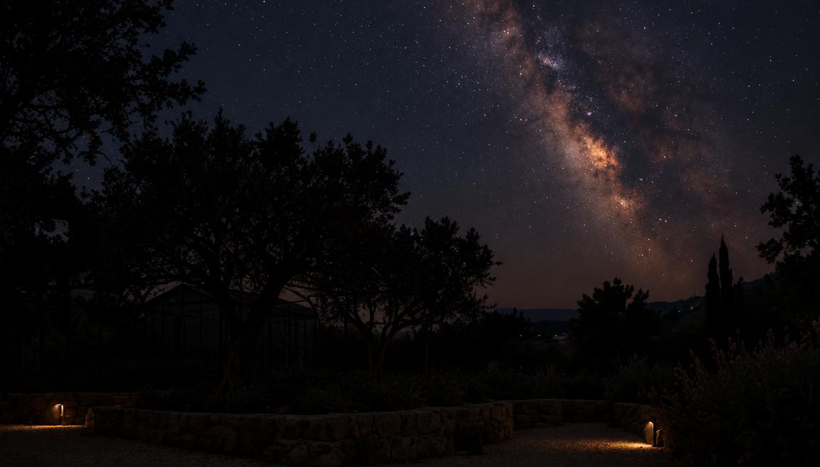 Le jardin de nuit dans l’obscurité, arbres non éclairés, sous la Voie lactée