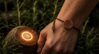 Le bracelet approché d’une borne en terre cuite à la lueur ambrée brève