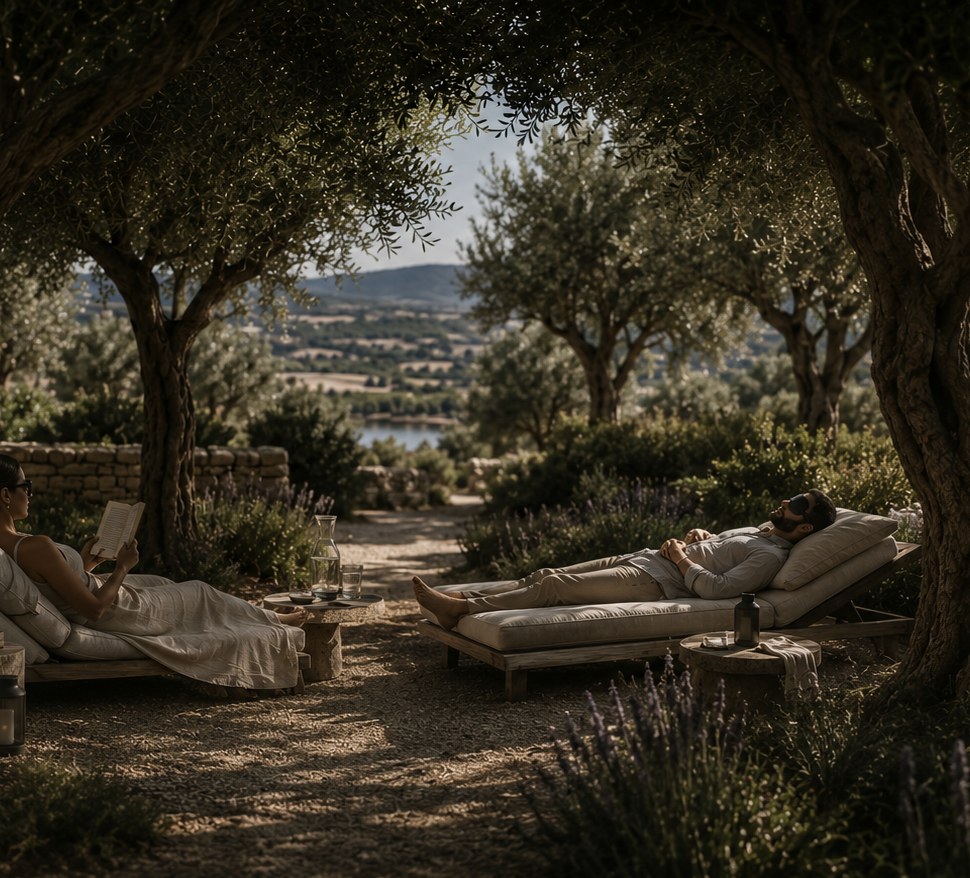 Deux transats se faisant face à l’ombre des oliviers