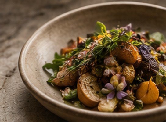Plat de saison aux légumes rôtis et fleurs