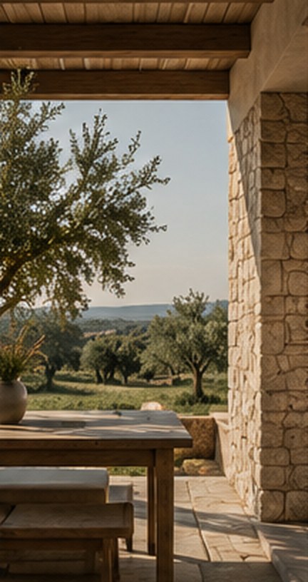 Terrasse de pierre ouverte sur les oliviers