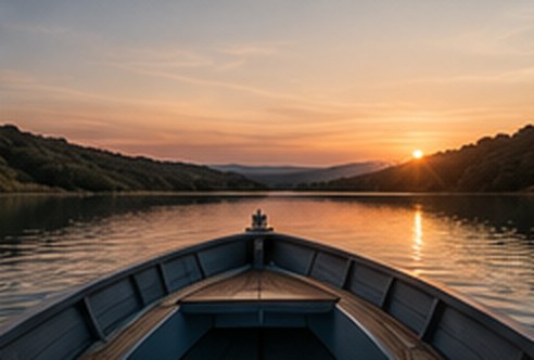 Proue du bateau sur le lac au coucher du soleil
